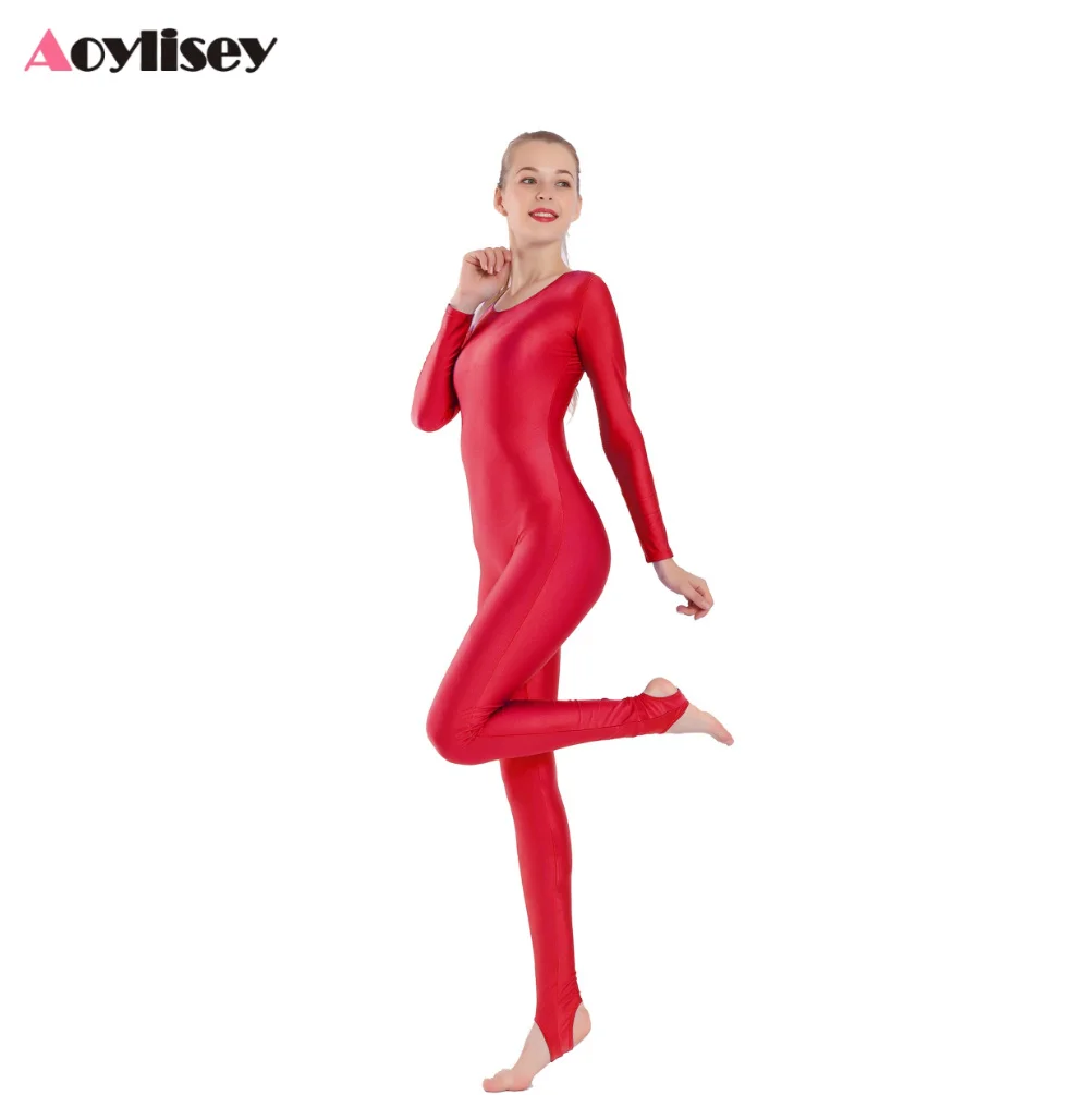 Femmes Spandex Unitards étriers Ballet Costume à manches longues adulte gymnastique corps complet Dancewear combinaison entraînement combishorts