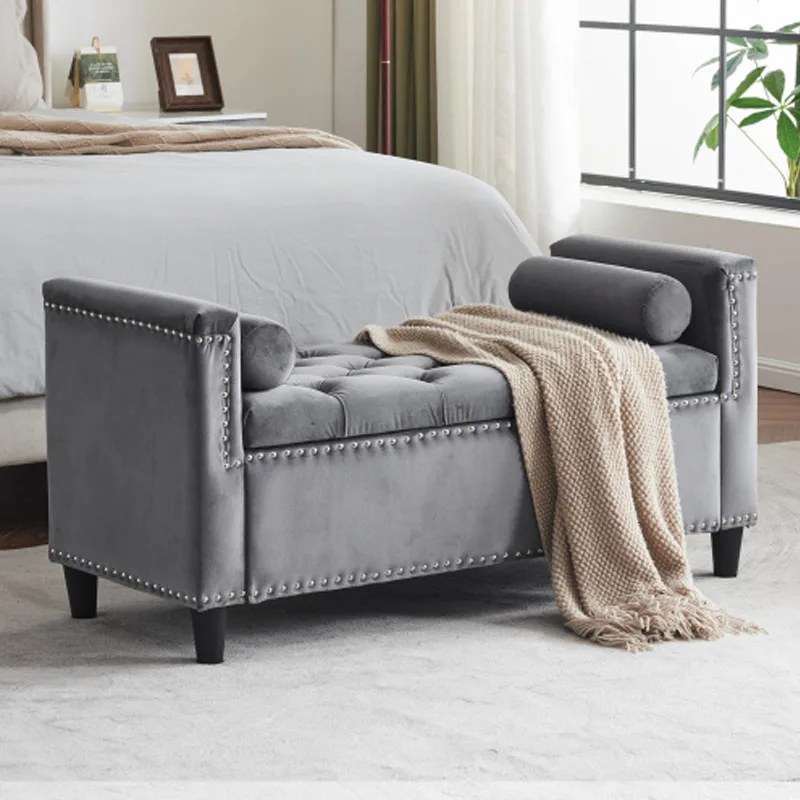 44.5-Inch Queen Velvet Button Bedside Bench, Entryway Living Room with Armrests, Nailhead Trim, Upholstered Bedroom Bench,Gray