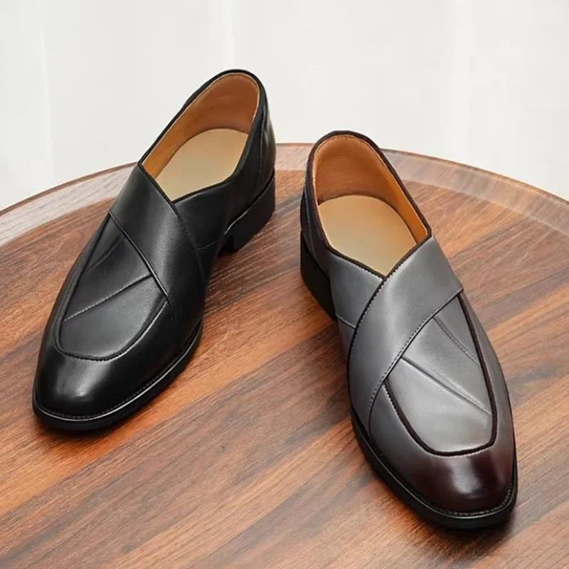 High Quality Business Casual Leather Shoes For Men New Style Genuine Leather Slip-on Square Toe Loafers Black Gray Formal Shoes