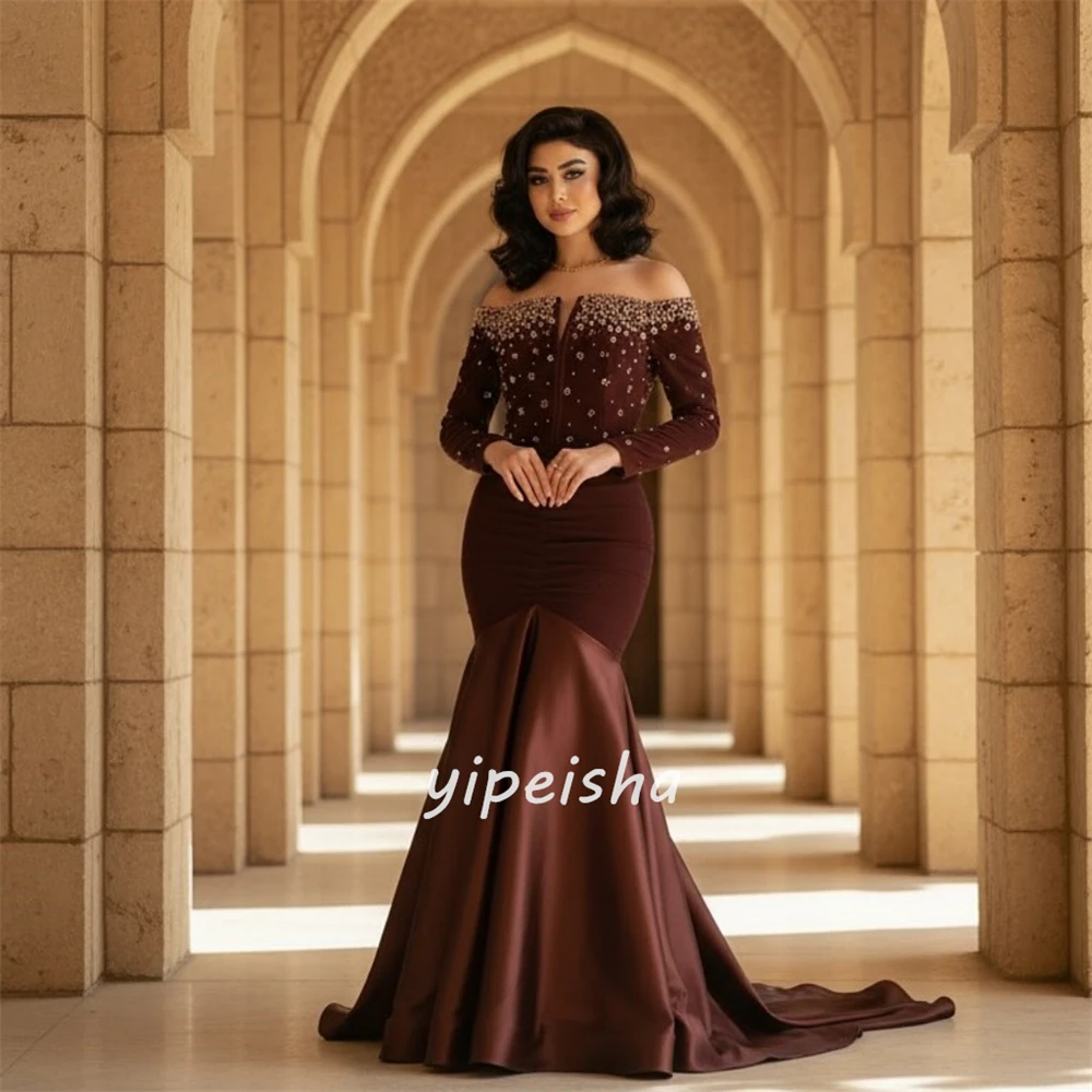 Vestidos largos personalizados, elegantes, clásicos, Charmeuse, con diamantes de imitación, sirena fruncida, hombros descubiertos, vestidos para ocasiones a medida a juego