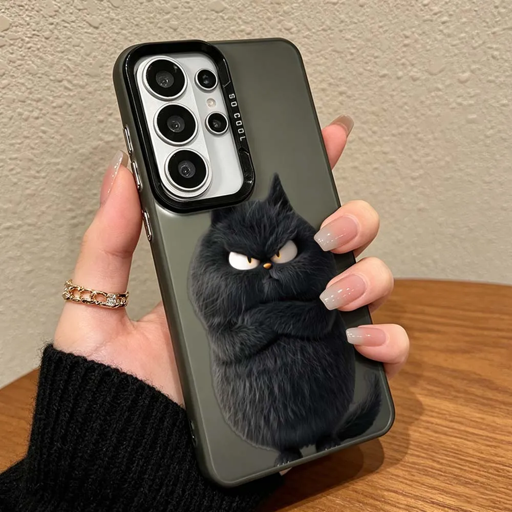 Cartoon Fun Black Orange Cat Cover For Samsung Galaxy S26 S25 S24 S23 S22 S21 S20 FE Ultra Plus Colorful Silver Phone Case