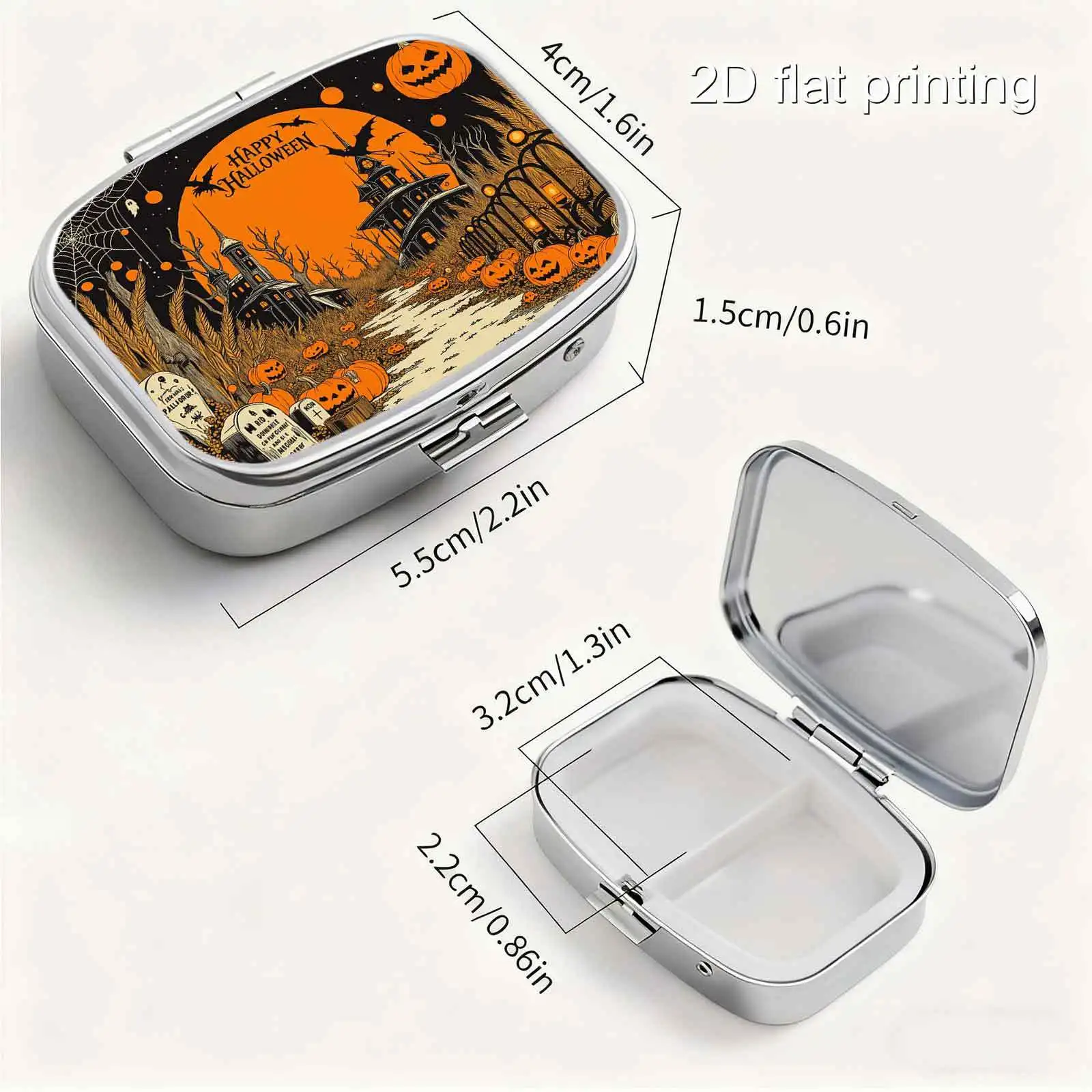 1Pc Flat Vintage-Style Halloween Print with Castle, Pumpkin, Tombstone, and Bat Motifs, Square Two-Compartment Small Pill Box, Portable Medicine Storage, Small Jewelry Organizer, Suitable for Handbags or Travel, Holiday Gifts, Souvenirs, Prizes, Small Gifts, Suitable for Personal Use or as an Exquisite Gift Option