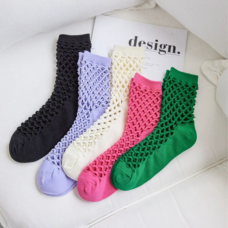 Women's Fishnet Solid Socks Comfy & Breathable Lightweight Casual Hollow Out Sock Mesh High Quality Solid Textured Sox Female