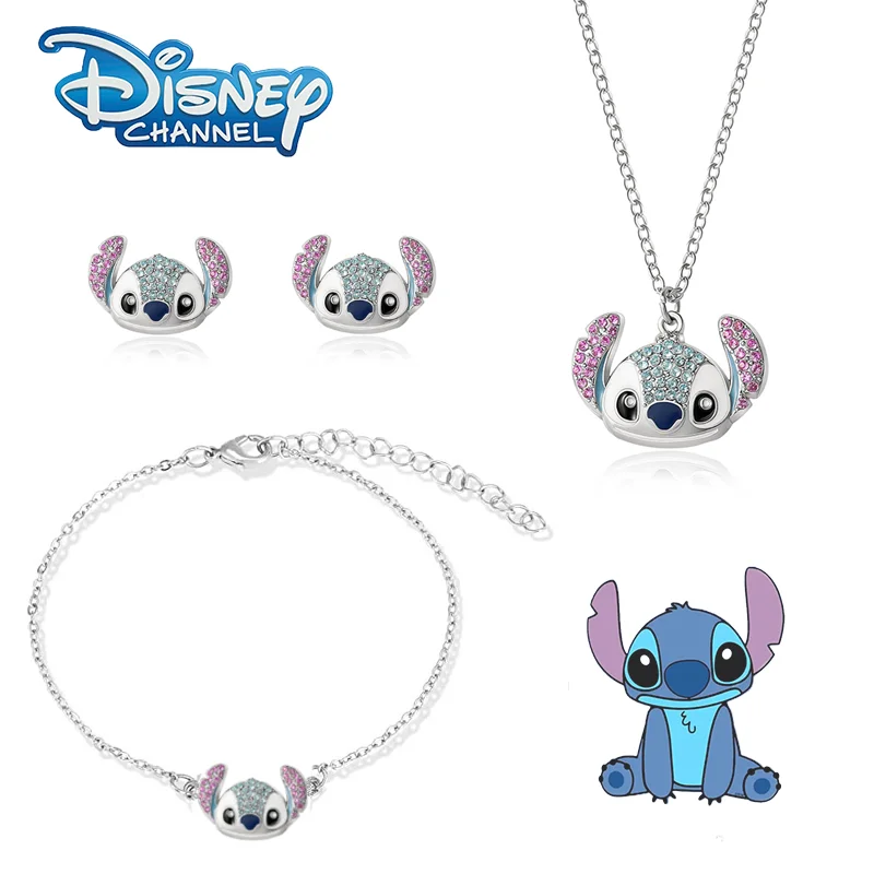 

3 Pcs/Set Disney Cartoon Stitch Micro Diamond Drip Oil Bracelet Earrings Necklace Set Accessories Girls Birthday Gifts Chain