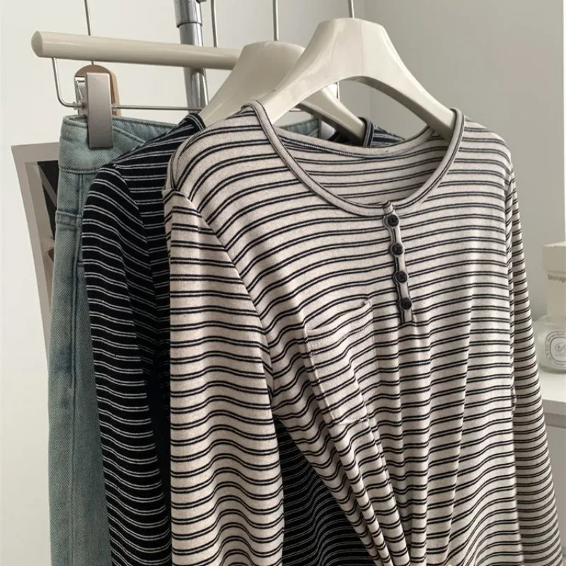 Women American Bm Style Stripe Long Sleeve T Shirt Unique Half Placket Button Crew Neck Fitted Base Top M4XL