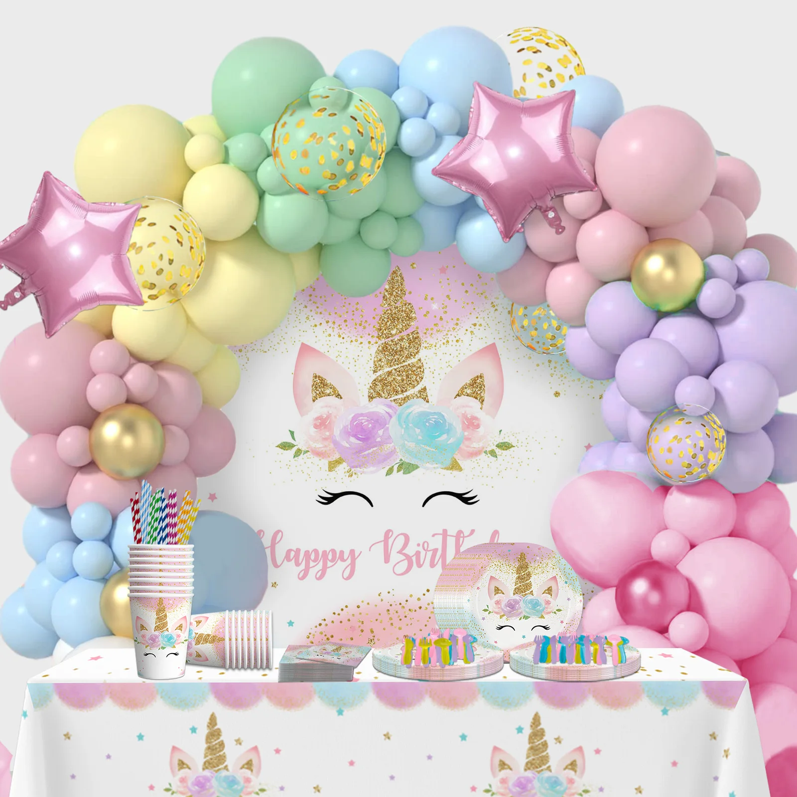 

Unicorn Photography Background 223 Pcs Set Birthday Party Decor Kids Girls Balloon Decor Baby Shower Cake Smash Photo Backdrop