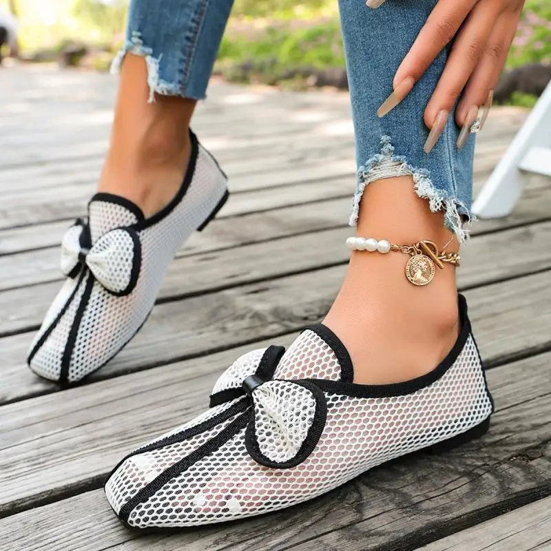Mesh-Hohlschuh mit Schleife, Ballerinas für Damen, Frühling, Weiß, Schwarz, Atmungsaktive Slip-On-Schuhe, Flache Schuhe, Damen-Freizeitsandalen – Detail 10