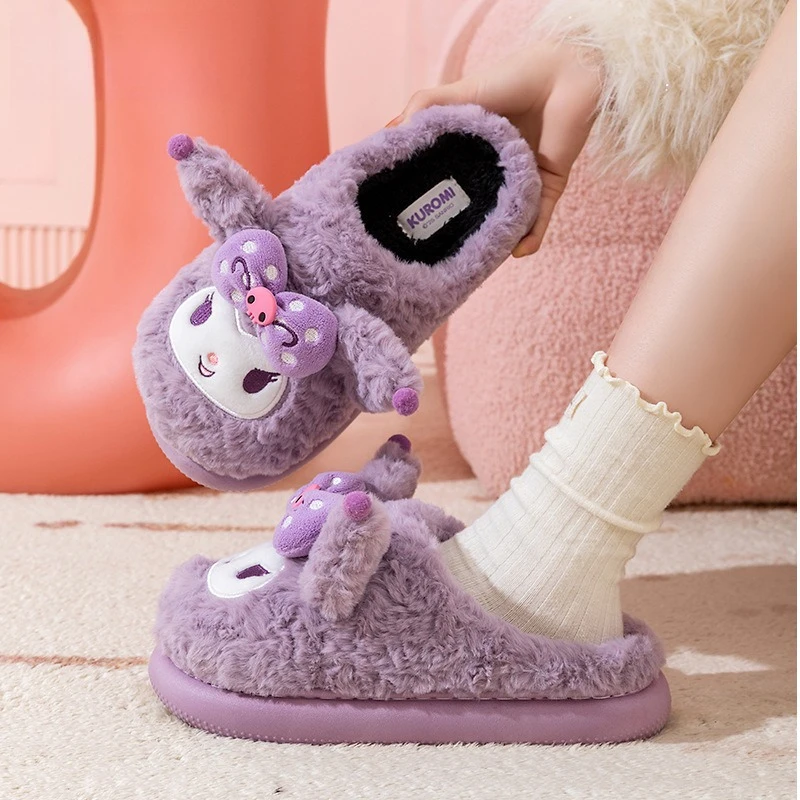 

Kids' Slippers House Shoes Cartoon Kuromi Bow Winter Shoes For Girls Warm Anti-slip Home Slipper Pruple Black Shoes