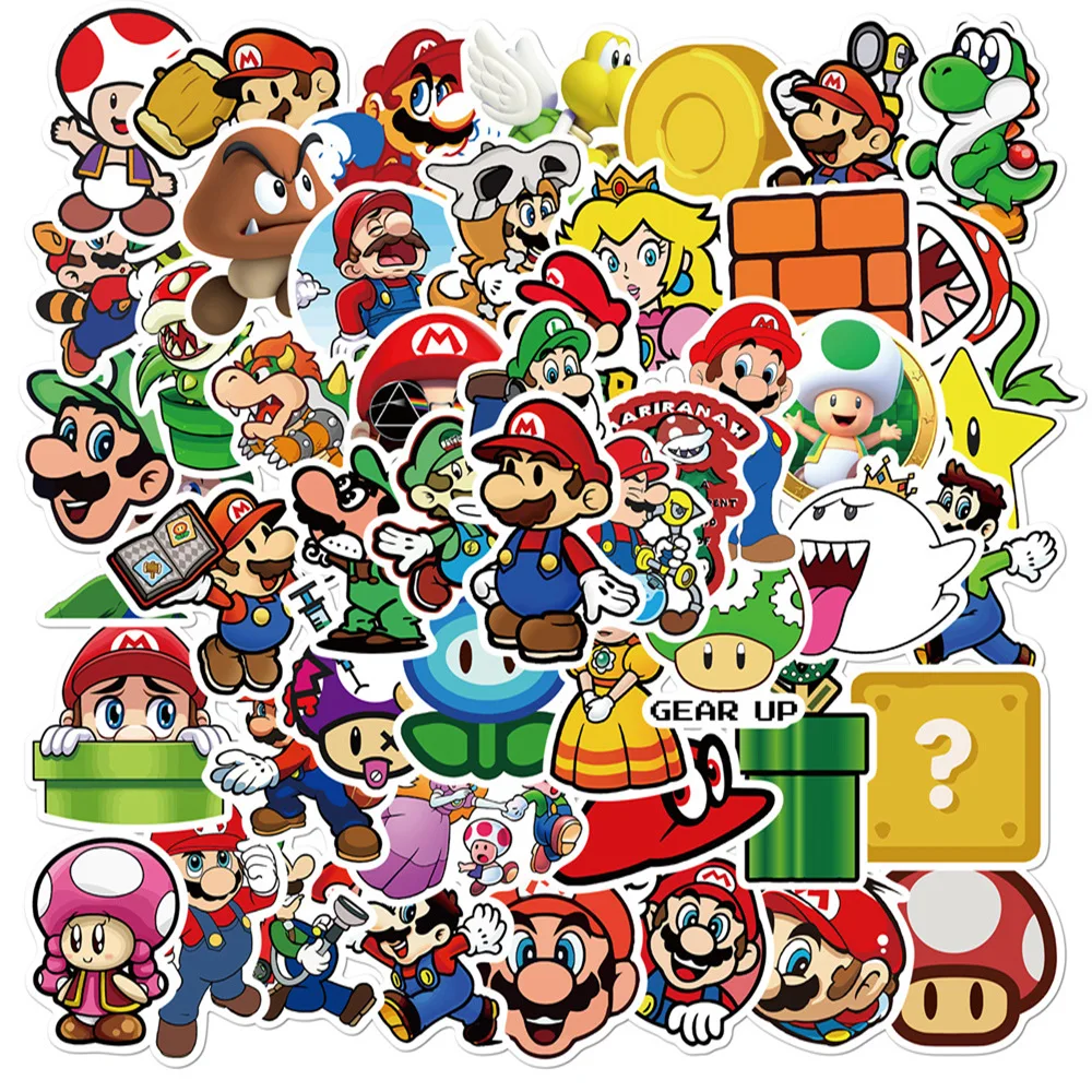 50pcs Anime Cartoon Stickers Super Mario Bros Skateboard Bicycle Guitar Book Laptop Motorcycle Waterproof Kids Sticker Pack Toy
