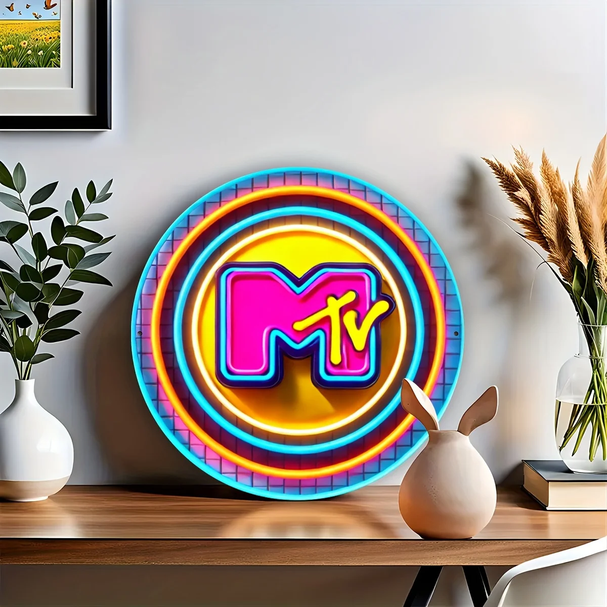 1pc MTV Neon Sign, Vintage Metal Round Aluminum Plaque, 19.81x19.81cm, Wall Art Decor, Retro Garage Wall Decor, Restaurant Decor - view 6