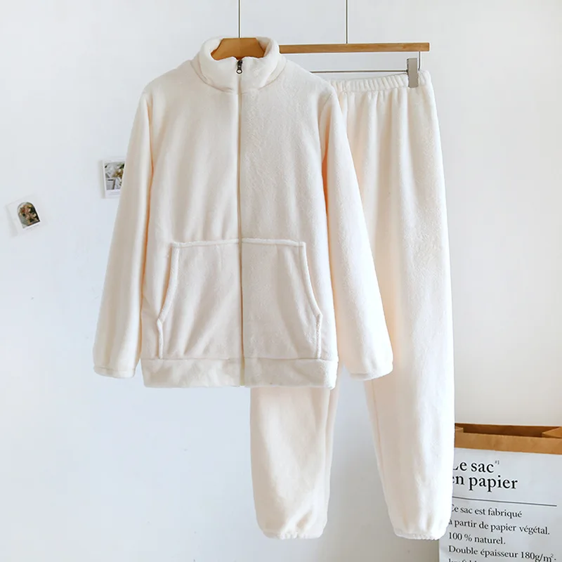 2PCS Women's Solid Flannel Pajama Stand Color Long-Sleeved Warm Fleece Thick Home Sleepwear 2023 Autumn Winter Zipper Pyjama