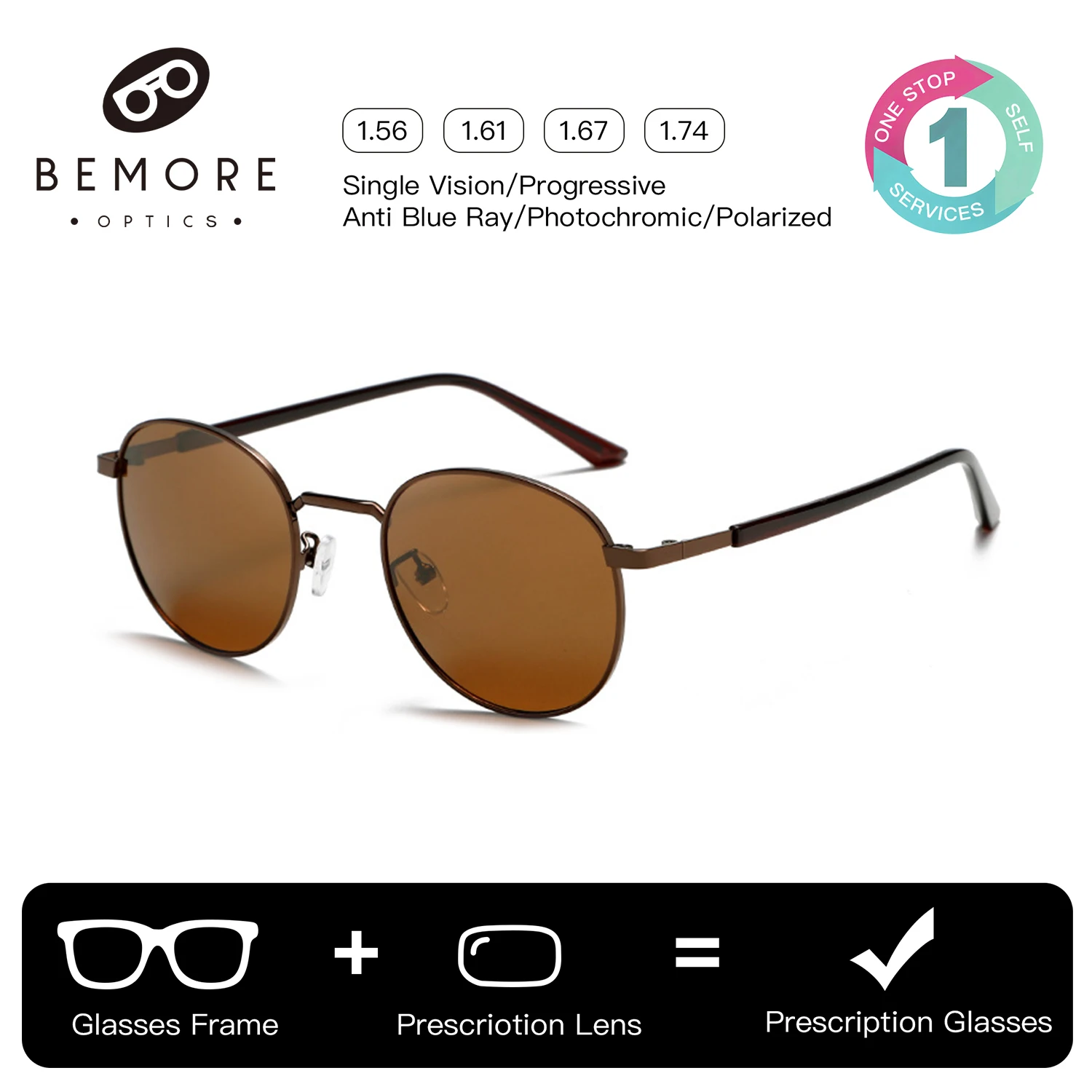 

BEMORE Round Prescription Sunglasses Alloy Polarized UV400 Near Sighted Glasses Woman High Quality Shadow Optical Eyeglasses