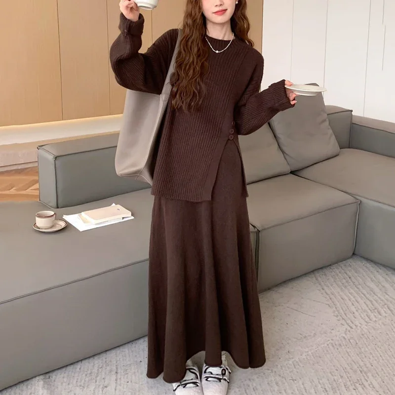 

Осень-зима, новый высококачественный простой однотонный вязаный комплект из 2 предметов, элегантный женский свободный пуловер, свитер, длинная юбка, костюмы