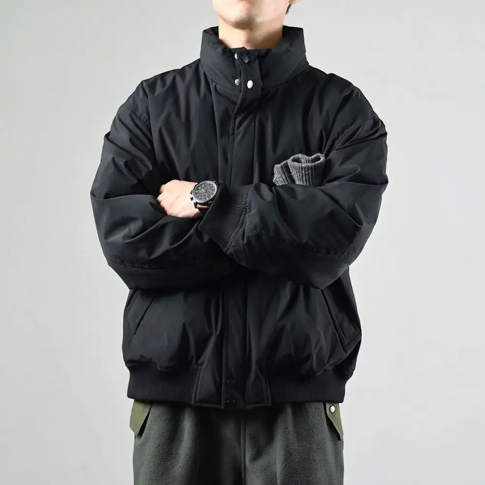 Mens Winter Warm Thickened Cotton Jacket Loose Fit Casual Stand Collar Outwear Japanese Vintage Style Basic Daily Coat