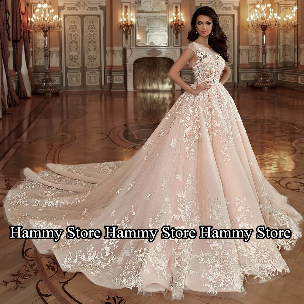 Traditional Wedding Dress Brush Pink Bride Dresses Cap Sleeve 3D Flower Applique Scoop Neck Court Train Bridal Gown Gelinlik