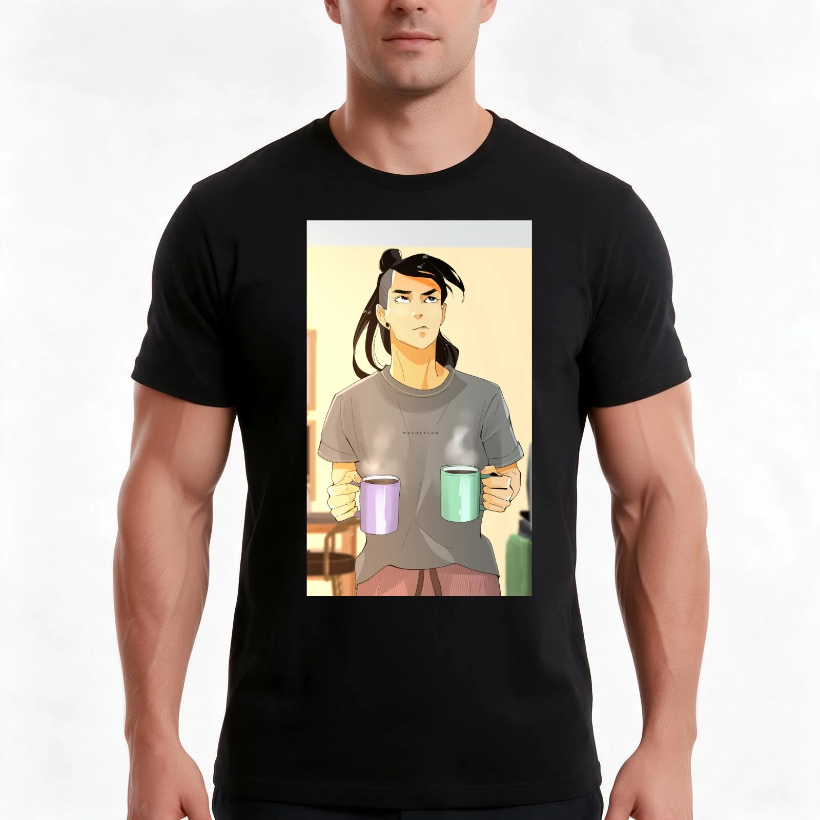 Blindfold Mitsu with Mugs Christmas Mashersan T-Shirt, Summer Casual Cotton Tee, Oversized Streetwear Tops, Unisex Men Women
