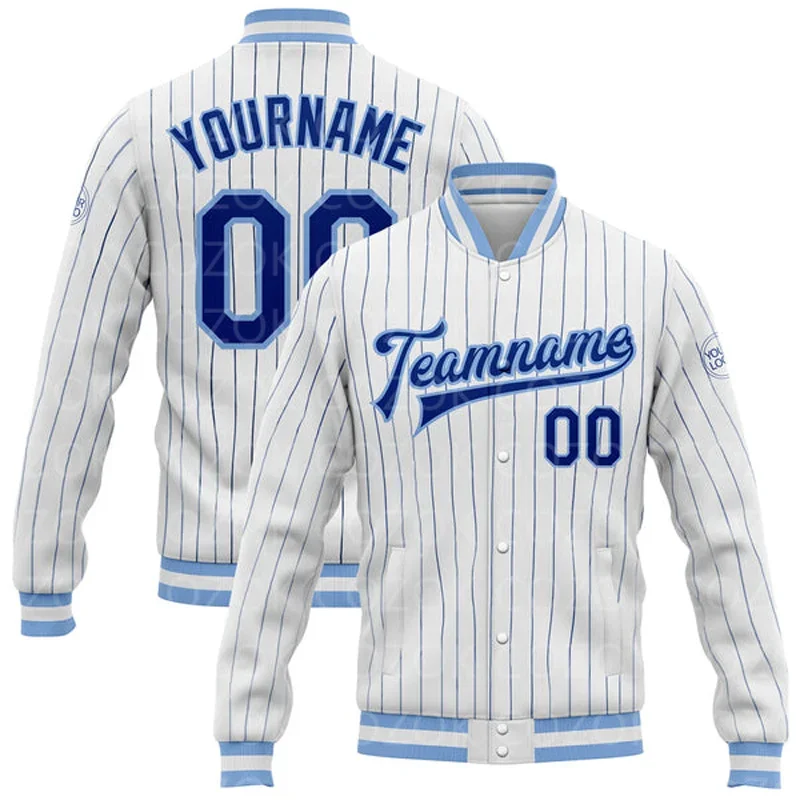 Custom 3D impresso Baseball Button Bomber Jacket, jaqueta Letterman Varsity, jaqueta Full-Snap, branco azul e vermelho cor