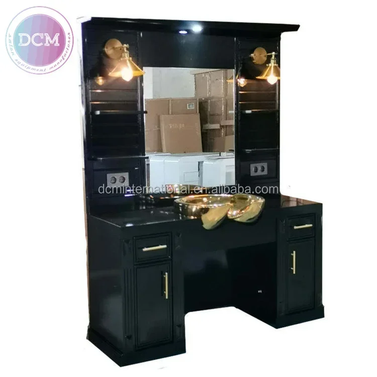 

Luxury Hair Salon Furniture Barber Mirror Table Black Single Sided Salon Mirror Station Cabinet With Light