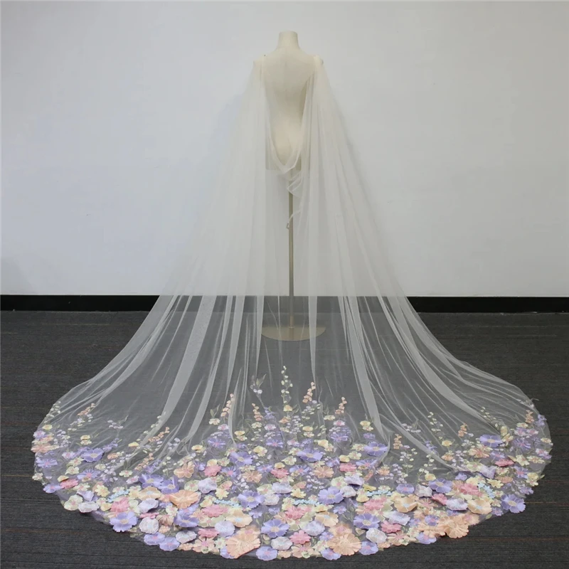 

Colorful Floral Wedding Bridal Cape Shoulder Draped Veils Cathedral Long Lilac Purple Pink Flowers 3D Unique For Brides Yellow