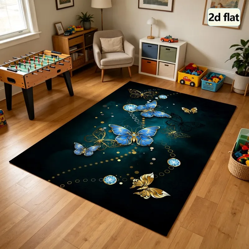 1 Piece of Ornate Blue Gold butterfly Gem Motif Carpet, Soft and Comfortable, Suitable for All Seasons, lightweight and Easy to Care, Home Decor, Living Room, Bedroom, Hallway, Autumn, Winter