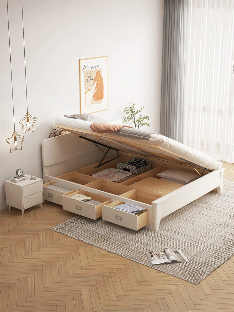 Nordic white solid wood bed, high-pressure high box storage bed, 1.5 meter small unit modern minimalist box storage bed