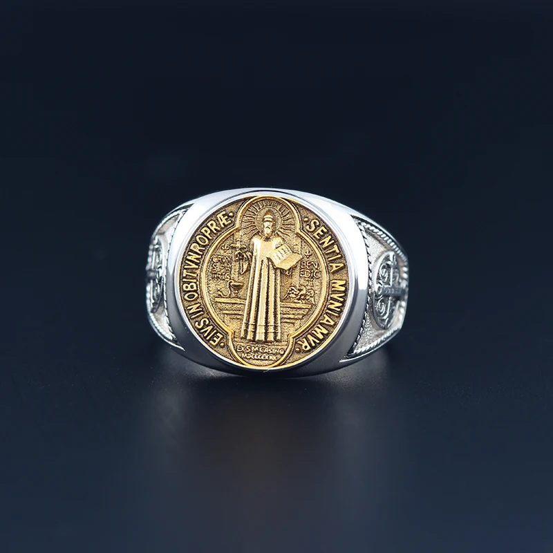 Saint Benedict Medal NDSMD CSSML EIVS IN OBITV NRO PRAE SENTIA MVNIAMVR Catholic Talisman Solid Sterling Silver Ring