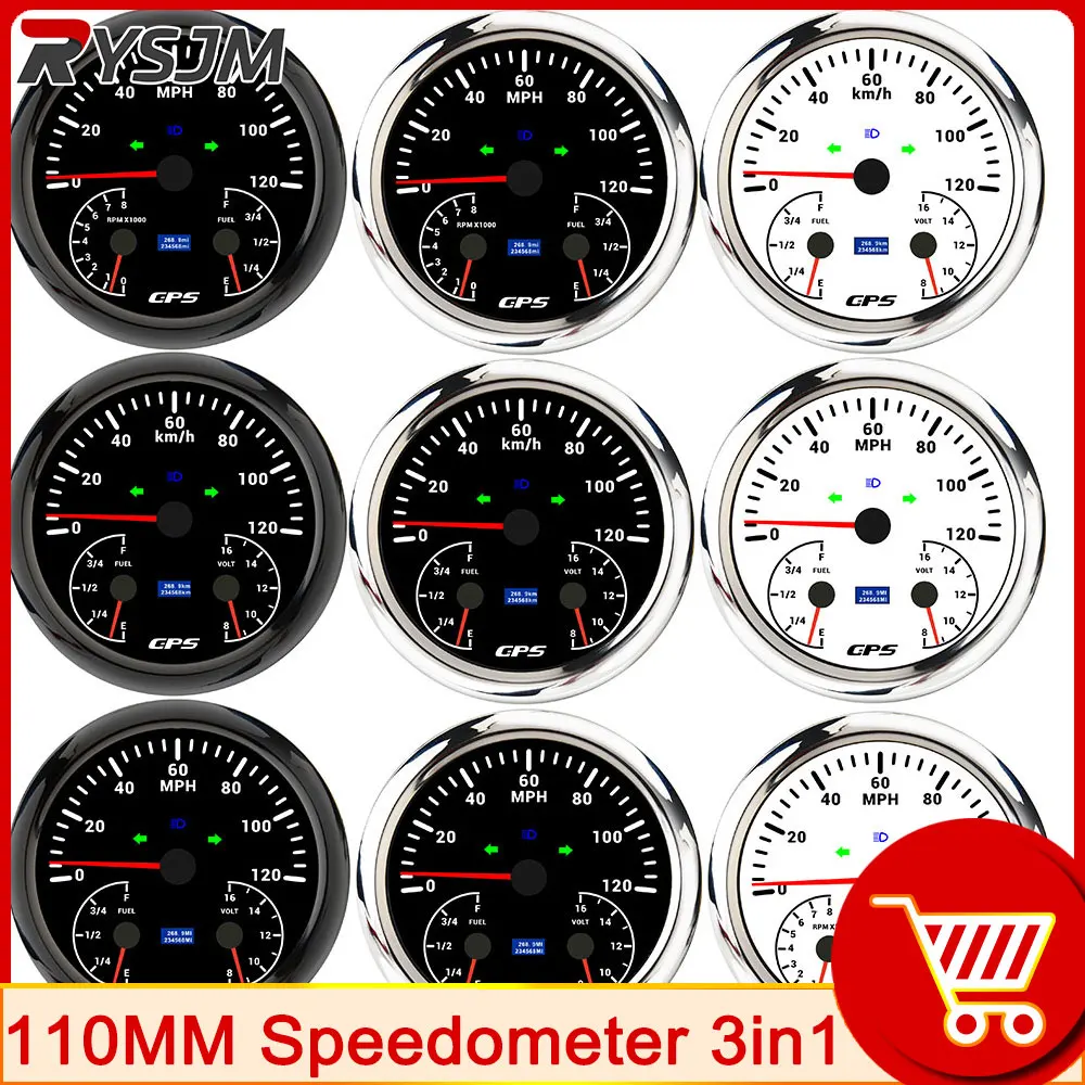 110mm GPS Speedometer 120 200 KMH MPH 3 in 1 Multifunctional Tachometer 8K RPM Fuel Level Voltmeter Car Boat Marine