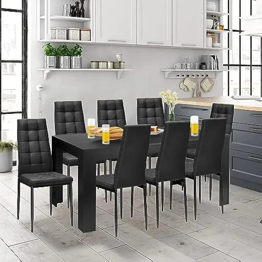 9 Pcs Dining Table Set, Wood Rectangular Table with 8 Upholstered Chairs Set, Modern Kitchen Table Set, Black Dining Room