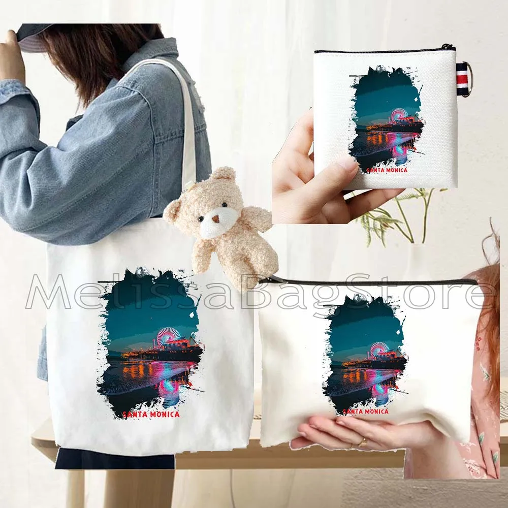 

4PCS Gift Santa Monica White Canvas Tote Bag Handbag with Doll Key Coin Purse Cosmetic Makeup Toilet Bag Case Pouch