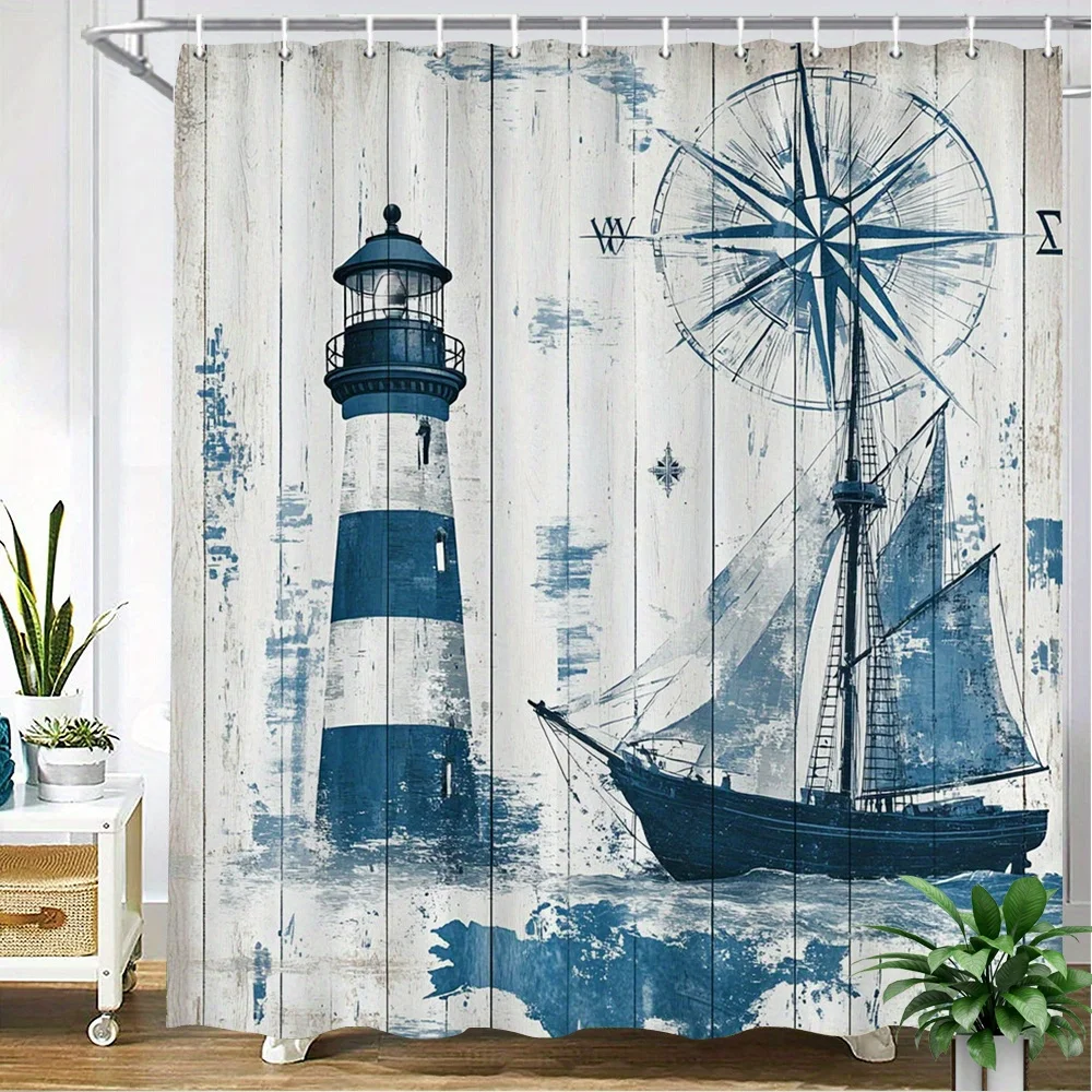 Lighthouse & Sailboat Shower Curtain – Distressed Nautical Illustration with Compass on Wood-Effect Background, 12 Hooks