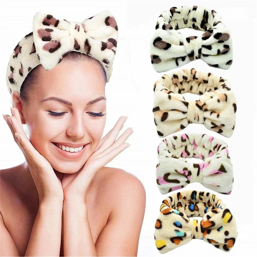 Fashion Plush Coral Fleece Bow Leopard Print Headbands for Women Girls Elastic Makeup Wash Face Velvet Headwrap Hair Accessories