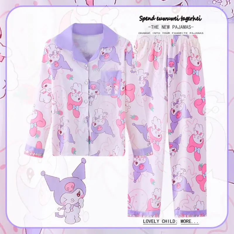 

Anime Sanrio Kuromi New Children's Warm Pajamas Cartoon Girls Lapel Pajamas Medium and Big Children's Autumn Winter Home Clothes