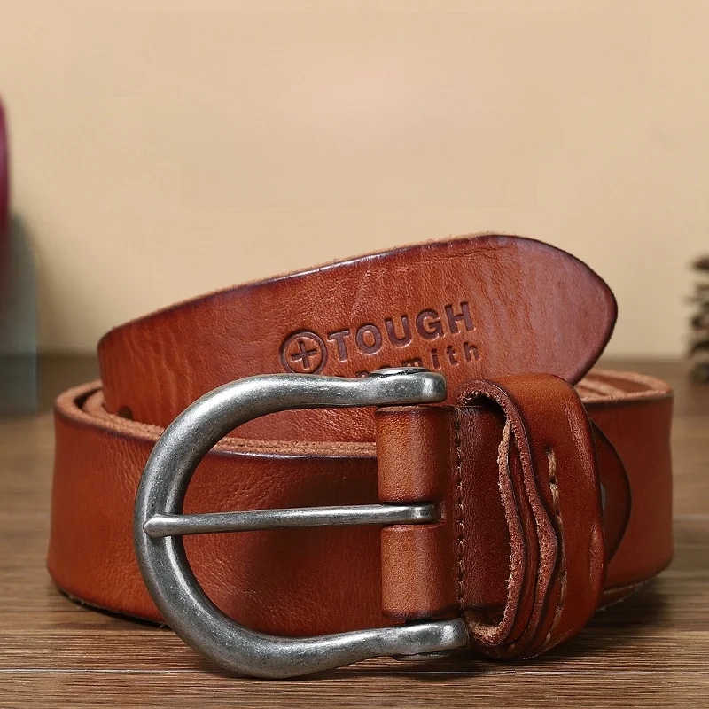 ヴィンテージ加工のトップレイヤー純牛革メンズベルト、ニードルバックル付き、多用途デニムウエストベルト、全年齢対応
