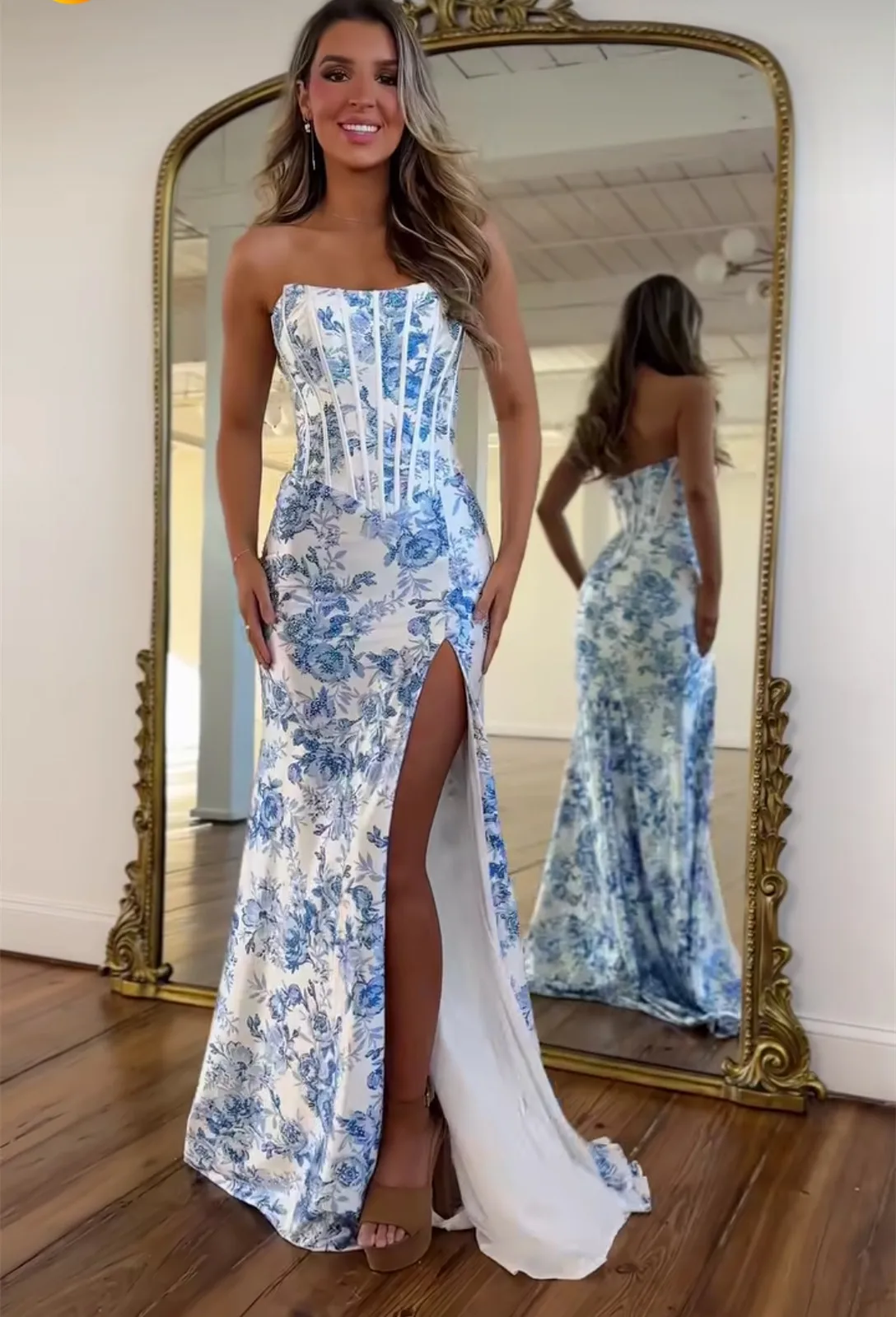 Customized Long Floral Pattern Evening Dresses with Slit Mermaid Sleeveless Pleated Watteau Train Wedding Guest Dress for Women
