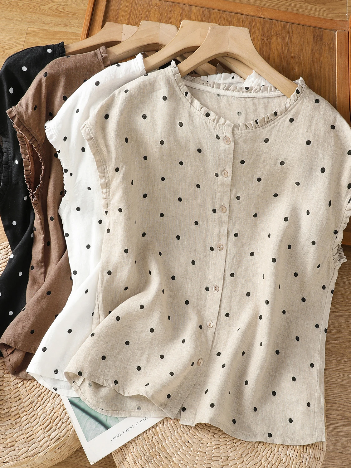 

Retro Polka Dot Cotton Linen Shirt Summer New Style Sleeveless Large Size Women's Elegant Grommet Collar Top Casual Wear
