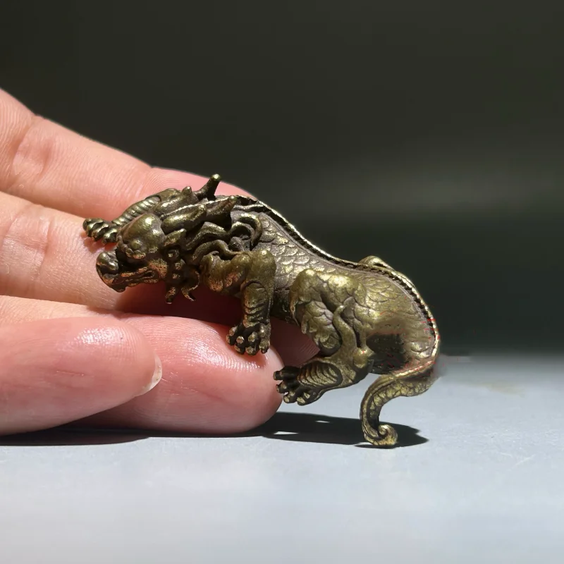 Antique Brass Mini Gongfu Dragon Son Water Suppressing Beast Tea Pet Figurine Home Office  Desktop Decor Ornament Collectible