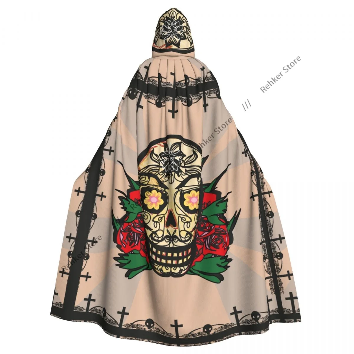 Adult Vampire Cape Robe Mexican Romantic Sugar Skull With Red Rose And Spooky Horror Mystic Image Cloak Full Length Cosplay