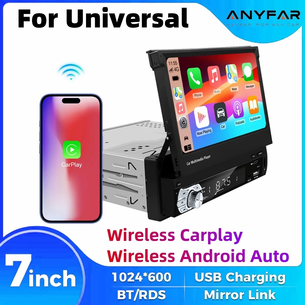 

Universal 7 Inch Flip Out Car Stereo 1 Din HD Touchscreen Car Radio Receivers Support Wireless Carplay & Android Auto Bluetooth
