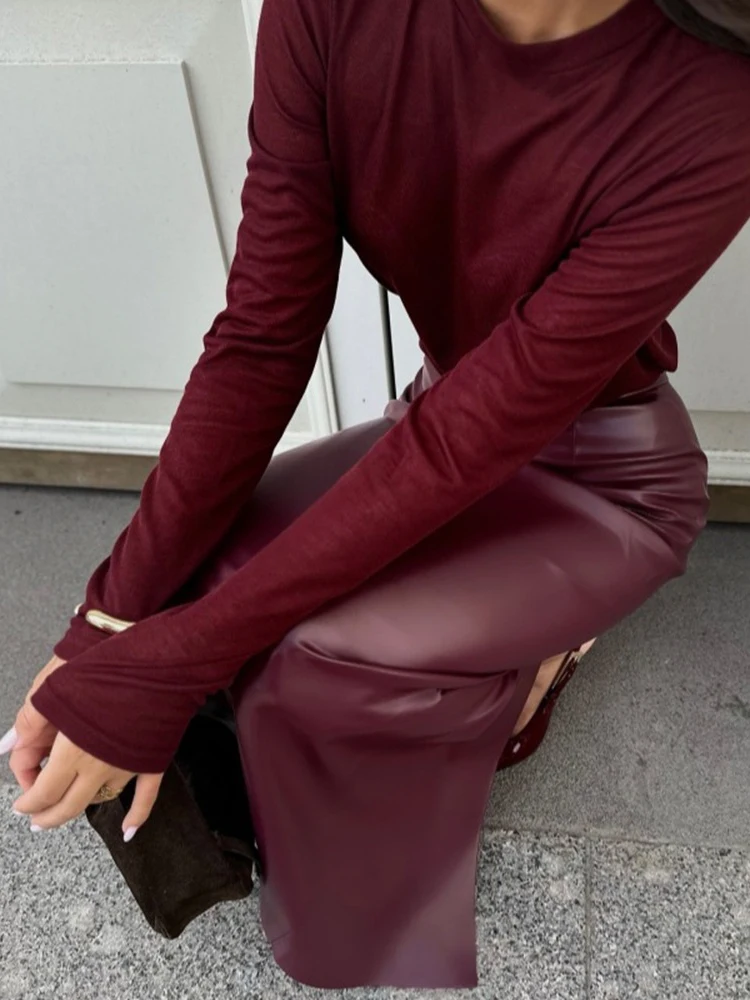 Trendix Women Elegant Burgundy Skirt High Waist Slim Fashion Slit Long Skirts Female Party Slim Club Sexy Vintage PU Skirts 2024