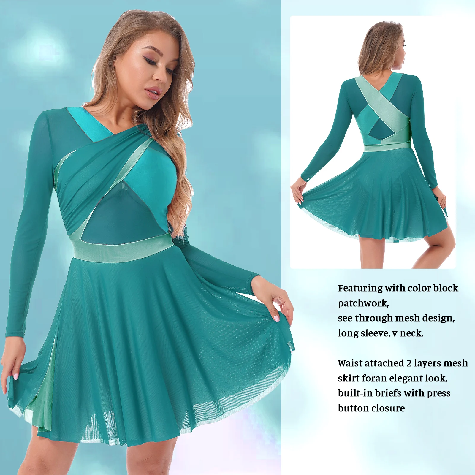 Tiaobug mulheres verde retalhos cor mangas compridas vestidos líricos para morden dança v pescoço sheer 2 camadas malha trajes de dança