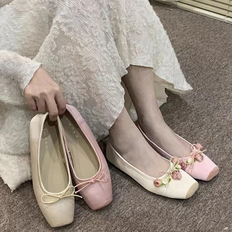 Women Flats Bow Marie Janes Shoes Spring New Lolita Dress Square Toe Shoes Designer Walking Sandals Female Elegant Zapatos