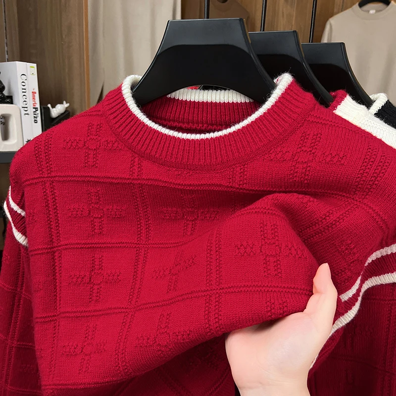 New High quality Men's Autumn long sleeves Knitting Sweater Round neck Jacquard Keep warm Underwear Pullover Men's clothing tops