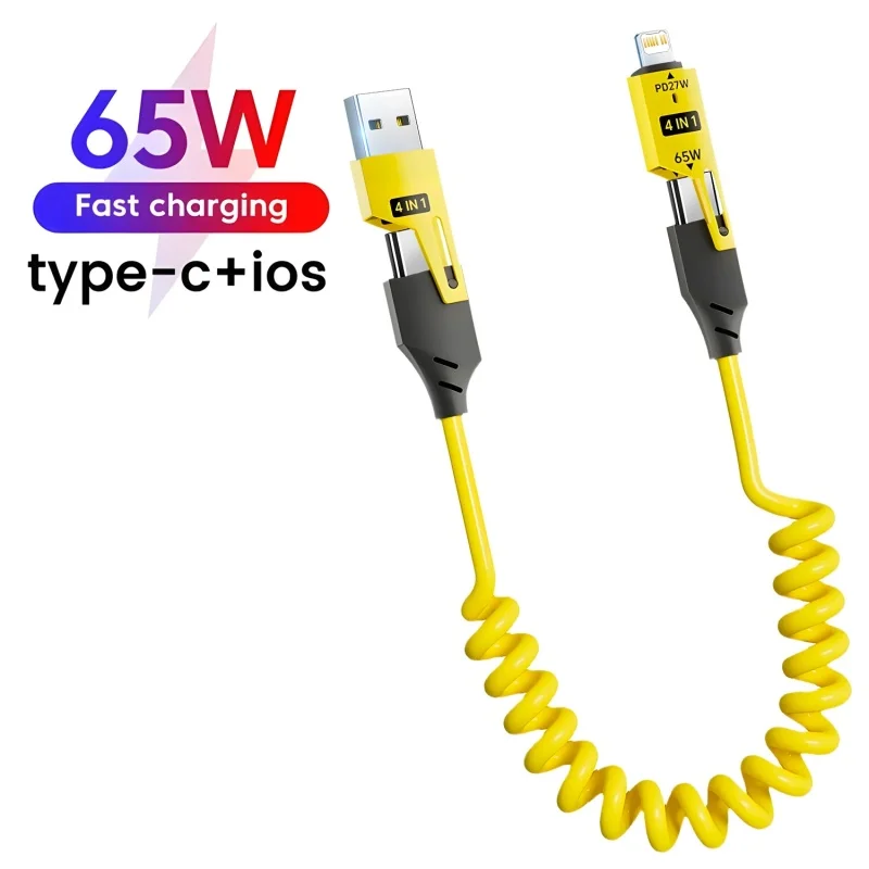 4 in 1 65W Spring Short Data Cable 6A USB Type C Spring Telescopic Quick Charger Wire Spring USB Cable for iPhone 15 14 13 12