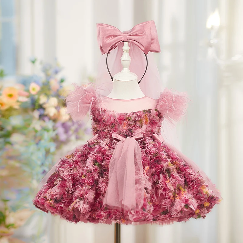 2026 Pink Fluffy Princess Style Three-dimensional Flower One-year-old Girl Dress Girls Birthday Flower Girl Puffy Princess Gown