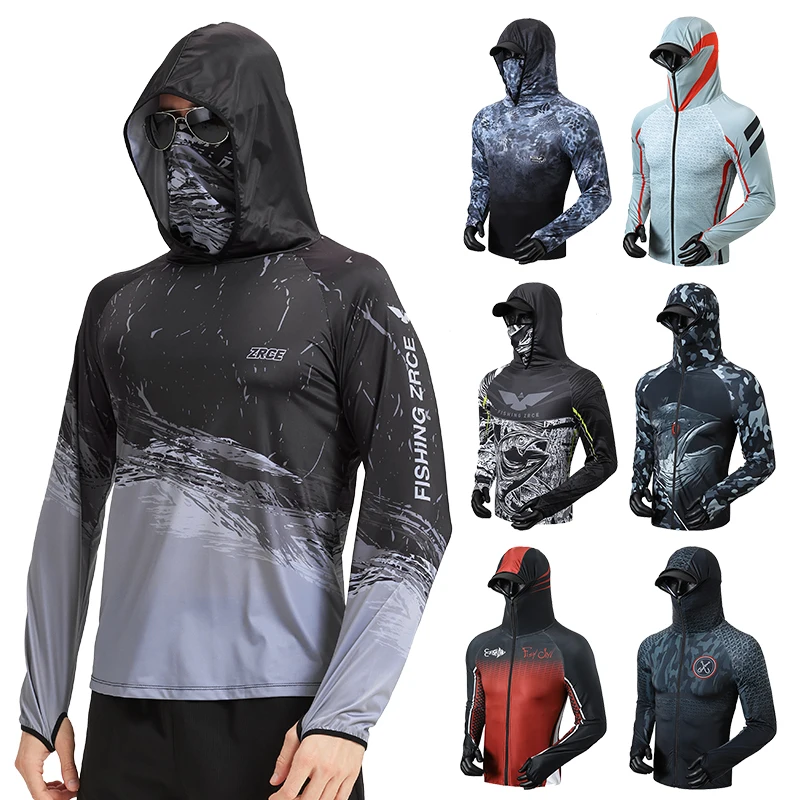 Men's Fishing Hoodie Outdoor Sun Protection Long Sleeve Shirt with Face Mask Breathable UV Protection Quick Cooling Shirt