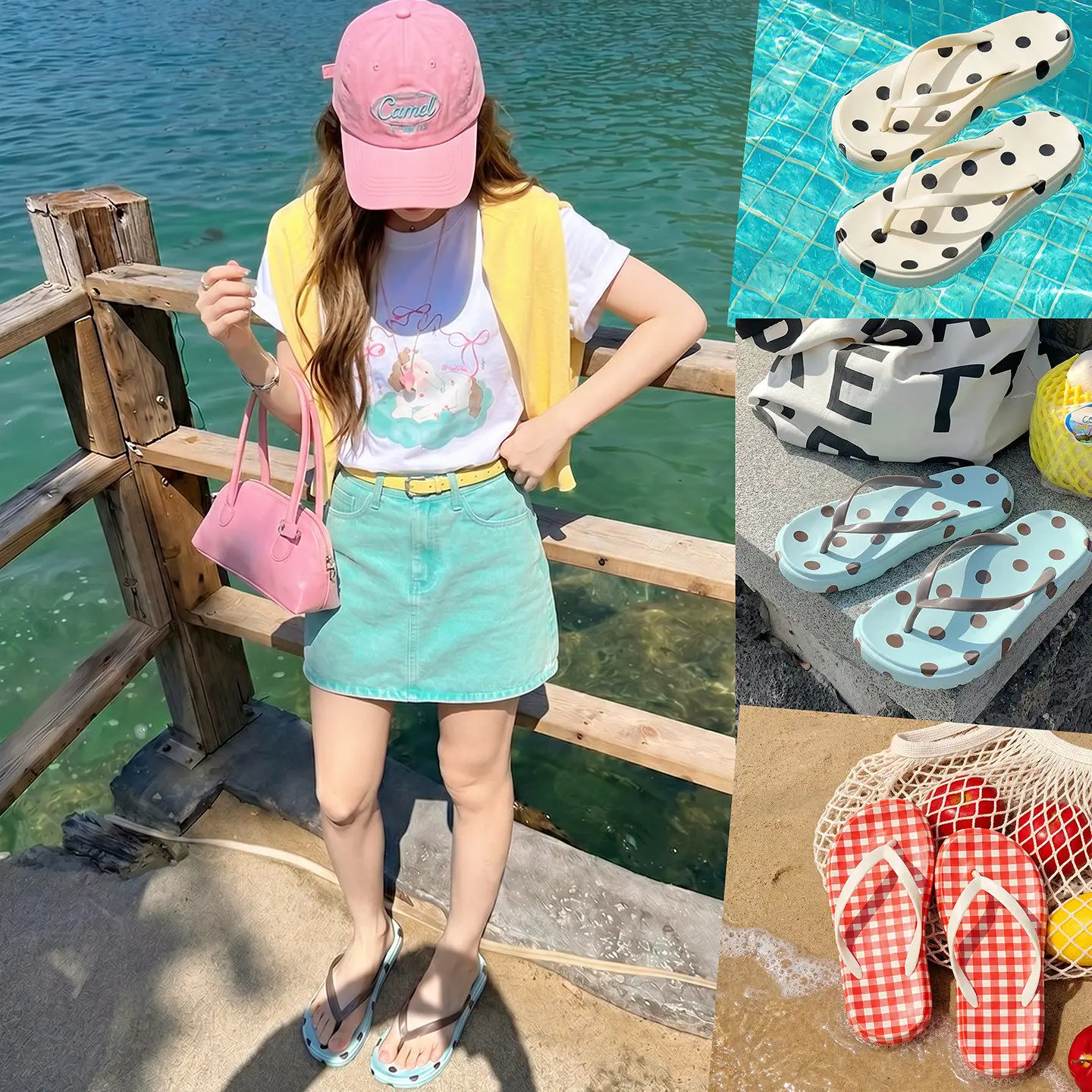 

Blue Polka Dot Color Block Summer Women Flip Flops Ins Trendy New Y2K Leopard Print Slippers Outdoor Seaside Daily Slippers
