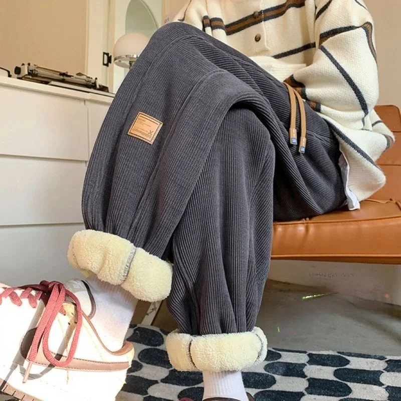 

Зимние мужские вельветовые брюки с подкладкой из овечьей шерсти, корейский стиль, повседневные прямые брюки, молодежные, энергичные, модные