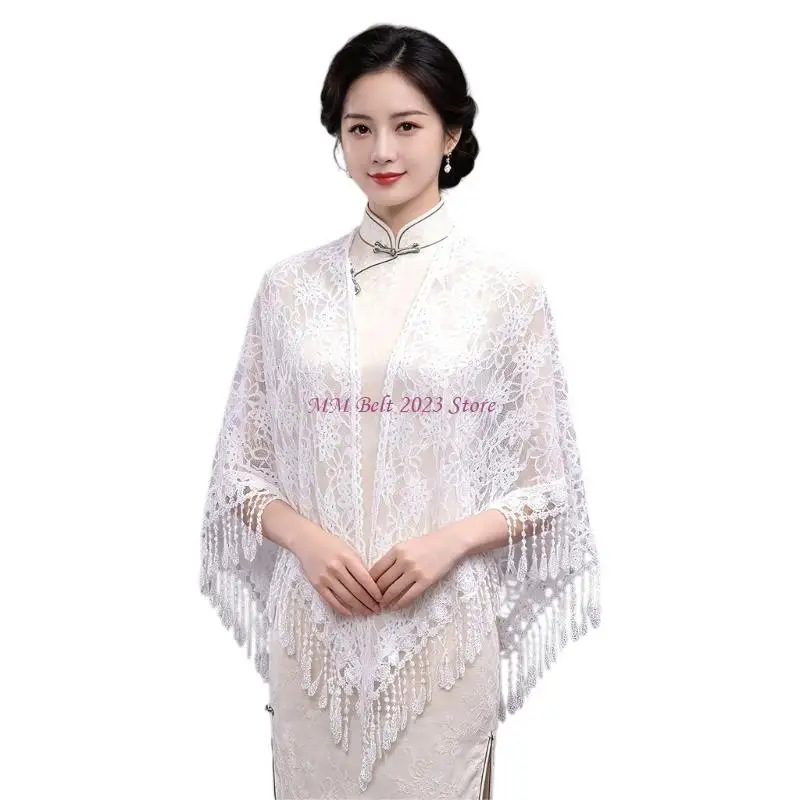 49ME Openwork Lace Scarf Soft Polyester Cheongsam Coverup Tassels Triangular Neckerchief For Four Season