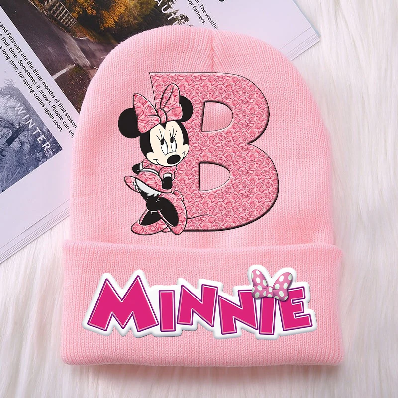 Minnie Mouse Kids Knitted Hats Baby Hats Kawaii Cartoon Letter A-Z Printed Beanie Children Casual Warm Hat Autumn Girl Clothing