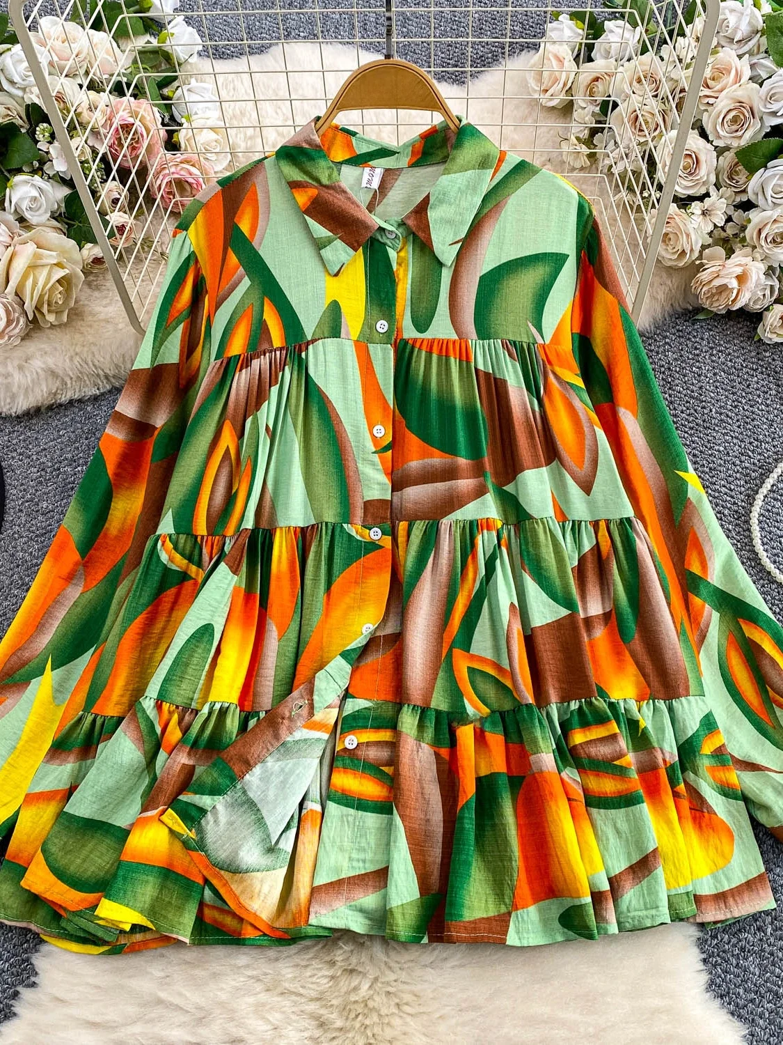 

Ele Printed Long Sve Women's Sun Protection irt Loose Casual Slimming Pleated Hem Autumn Top Faion Ladies' irt